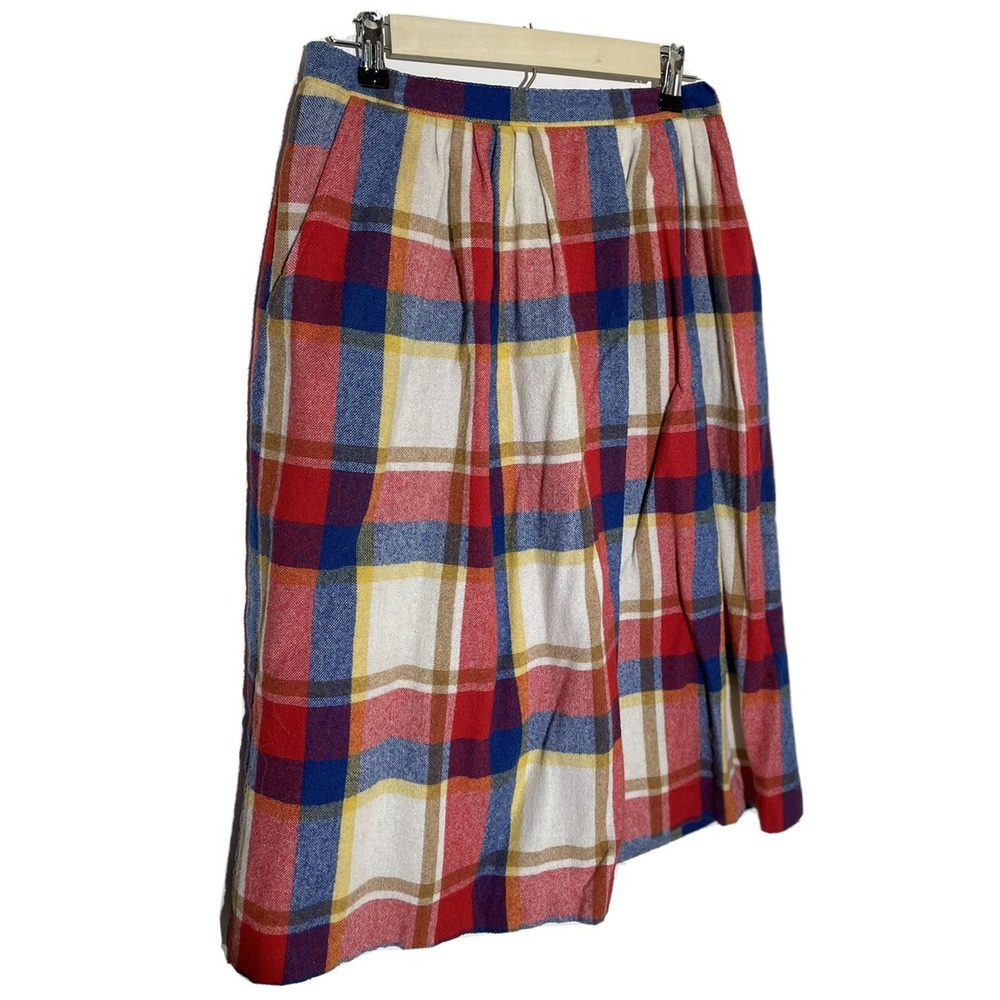 Vintage Eccobay‎ Pleated Wool Midi Skirt Size 8 Red Plaid Pockets Grunge